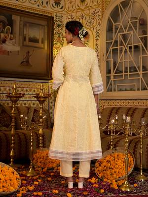 Yufta women yellow pure cotton sequence work anarkali kurta trouser with dupatta set 3