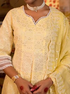 Yufta women yellow pure cotton sequence work anarkali kurta trouser with dupatta set 4