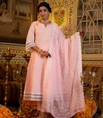 Yufta women pink pure cotton sequence work anarkali kurta trouser with dupatta set