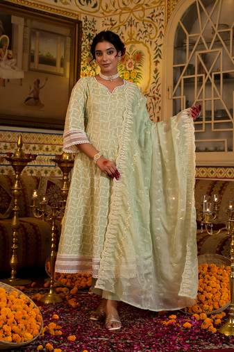 Yufta women green pure cotton sequence work anarkali kurta trouser with dupatta set