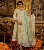 women green pure cotton sequence work anarkali kurta trouser with dupatta set