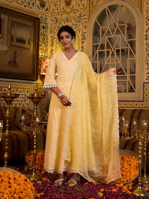 women yellow pure cotton angrakha anarkali kurta trouser with dupatta set 1