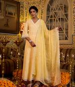 women yellow pure cotton angrakha anarkali kurta trouser with dupatta set