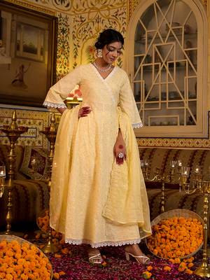 women yellow pure cotton angrakha anarkali kurta trouser with dupatta set 2