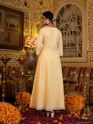 women yellow pure cotton angrakha anarkali kurta trouser with dupatta set 3