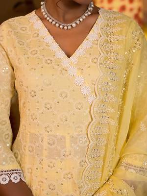 women yellow pure cotton angrakha anarkali kurta trouser with dupatta set 4