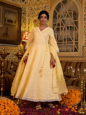 women yellow pure cotton angrakha anarkali kurta trouser with dupatta set 5