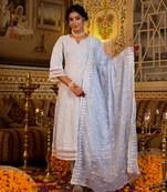 Yufta women sky blue pure cotton sequence work anarkali kurta trouser with dupatta set