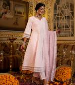 Yufta women pink pure cotton sequence work anarkali kurta trouser with dupatta set