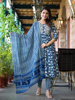  blue floral,dori embroidery kurta trouser with dupatta set 1