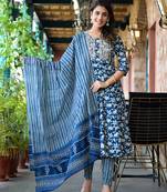  blue floral,dori embroidery kurta trouser with dupatta set