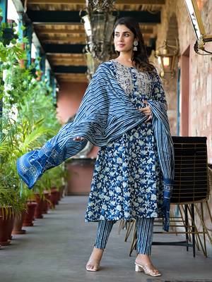  blue floral,dori embroidery kurta trouser with dupatta set 2