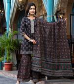  black floral,zari work kurta sharara with dupatta set
