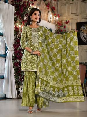  olive green ethnic motifs,zari work kurta sharara with dupatta set 1