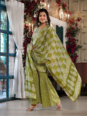  olive green ethnic motifs,zari work kurta sharara with dupatta set 2