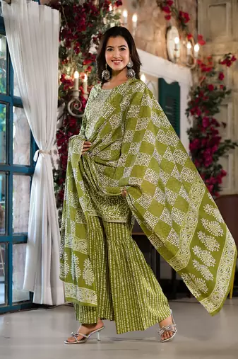 olive green ethnic motifs,zari work kurta sharara with dupatta set