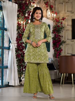  olive green ethnic motifs,zari work kurta sharara with dupatta set 3