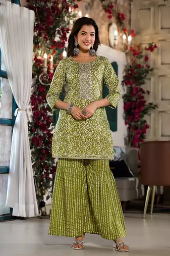  olive green ethnic motifs,zari work kurta sharara with dupatta set