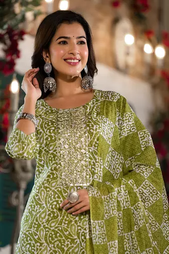  olive green ethnic motifs,zari work kurta sharara with dupatta set