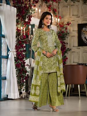  olive green ethnic motifs,zari work kurta sharara with dupatta set 5