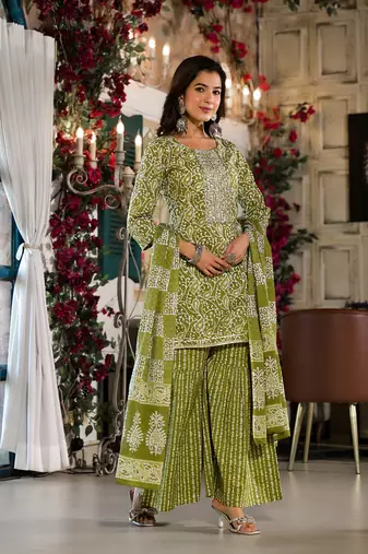  olive green ethnic motifs,zari work kurta sharara with dupatta set