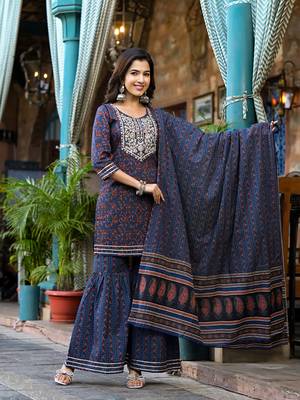  indigo blue ethnic motifs,dori embroidery kurta sharara with dupatta set 1