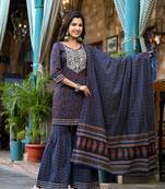  indigo blue ethnic motifs,dori embroidery kurta sharara with dupatta set