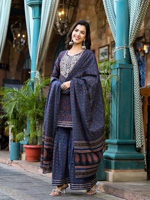  indigo blue ethnic motifs,dori embroidery kurta sharara with dupatta set 2