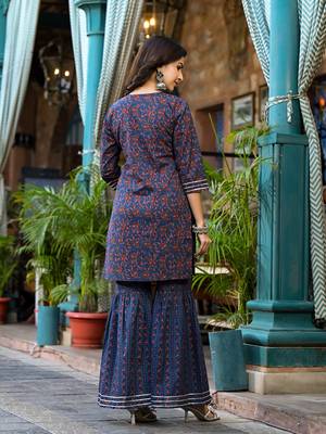  indigo blue ethnic motifs,dori embroidery kurta sharara with dupatta set 3