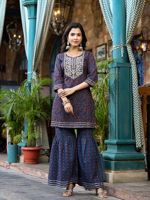  indigo blue ethnic motifs,dori embroidery kurta sharara with dupatta set 5