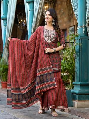  rust ethnic motifs,dori embroidery kurta sharara with dupatta set 1