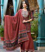  rust ethnic motifs,dori embroidery kurta sharara with dupatta set
