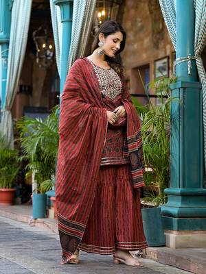  rust ethnic motifs,dori embroidery kurta sharara with dupatta set 2