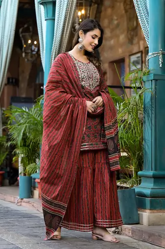  rust ethnic motifs,dori embroidery kurta sharara with dupatta set