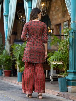  rust ethnic motifs,dori embroidery kurta sharara with dupatta set 3