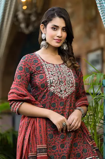  rust ethnic motifs,dori embroidery kurta sharara with dupatta set