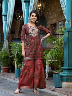  rust ethnic motifs,dori embroidery kurta sharara with dupatta set 5