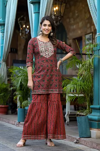  rust ethnic motifs,dori embroidery kurta sharara with dupatta set