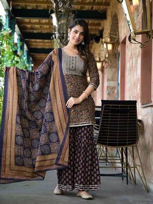 Yufta women rust and navy blue floral,zari work kurta sharara with dupatta set 1
