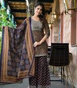 Yufta women rust and navy blue floral,zari work kurta sharara with dupatta set