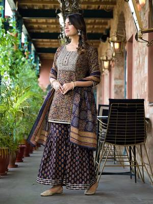 Yufta women rust and navy blue floral,zari work kurta sharara with dupatta set 2