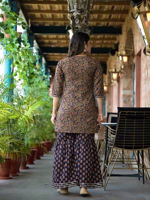 Yufta women rust and navy blue floral,zari work kurta sharara with dupatta set 3