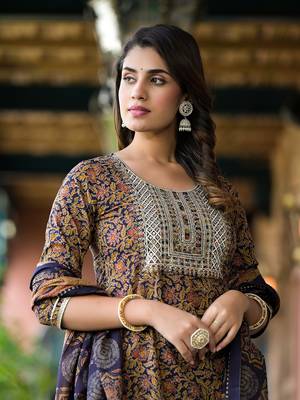 Yufta women rust and navy blue floral,zari work kurta sharara with dupatta set 4