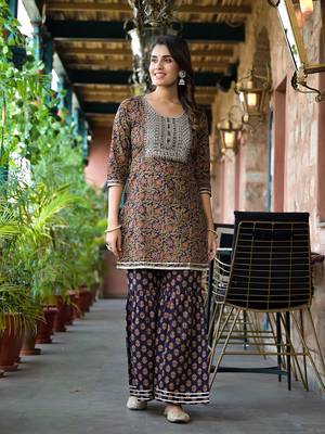 Yufta women rust and navy blue floral,zari work kurta sharara with dupatta set 5