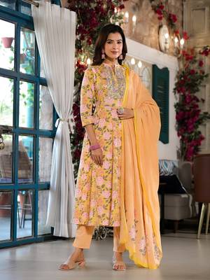  yellow floral,sequins work kurta trouser with dupatta set 1