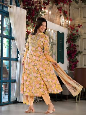  yellow floral,sequins work kurta trouser with dupatta set 2