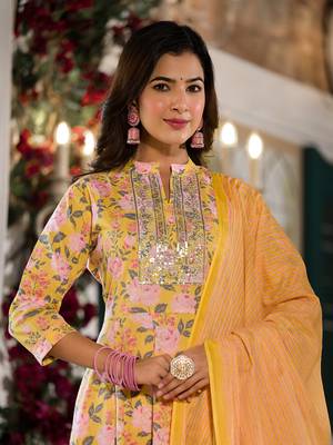  yellow floral,sequins work kurta trouser with dupatta set 4