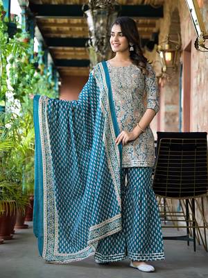  sea green floral,sequins work kurta sharara with dupatta set 1