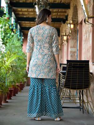  sea green floral,sequins work kurta sharara with dupatta set 3