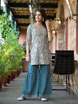  sea green floral,sequins work kurta sharara with dupatta set 5